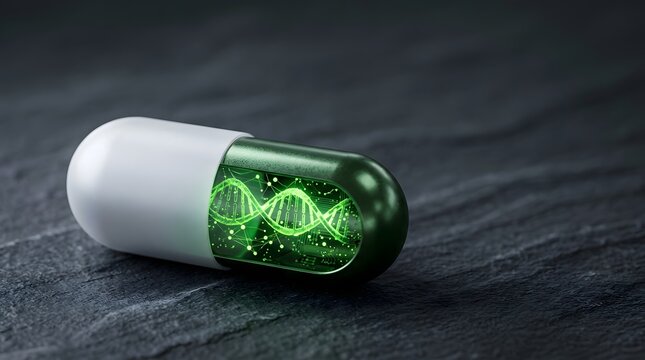 Futuristic medicine capsule with glowing green dna helix for biotechnology concept