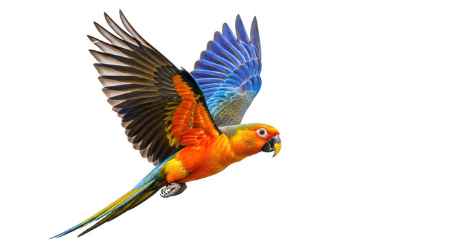 Exotic flying parrot with colorful feathers in mid-flight against a transparent background, showcasing vibrant plumage.