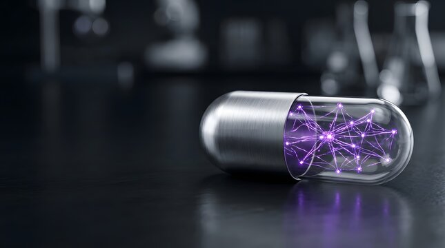 Futuristic medical capsule with glowing purple neural network in laboratory