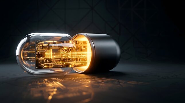 Futuristic digital medicine capsule with glowing microchip inside