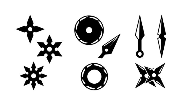Minimal Japanese shuriken throwing star and blade silhouette vector icon set