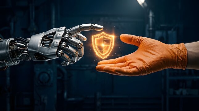 Robotic and human hand with digital glowing shield for cybersecurity concept