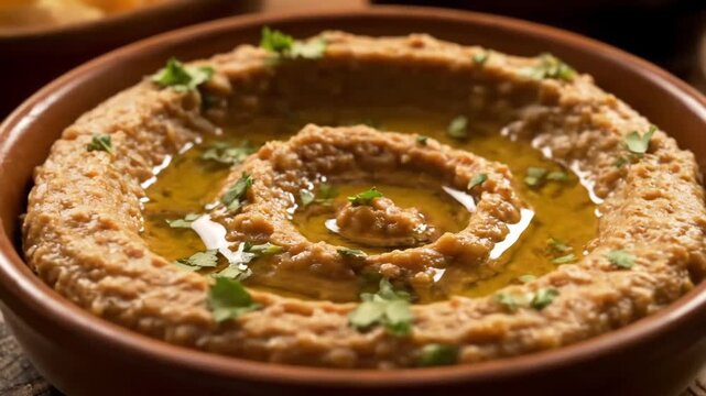 Close-up of richly textured Middle Eastern dip, possibly hummus or baba ghanoush, served in a rustic bowl and garnished with a spiral of golden olive oil and fresh parsley.