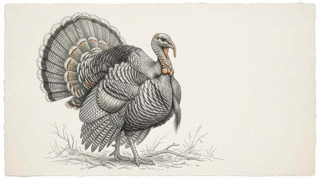 Detailed vintage style illustration of a wild turkey standing on the ground, isolated on white background