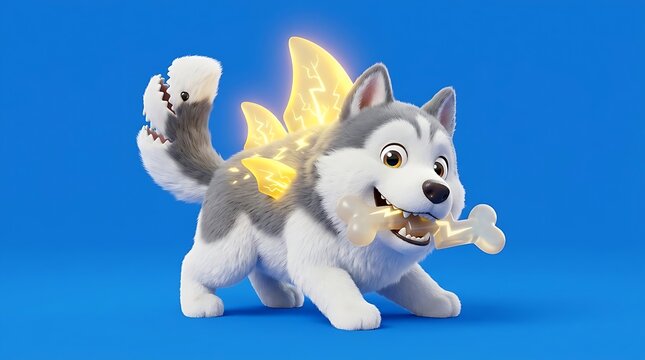 Fantasy husky monster dog holding a glowing bone on blue background