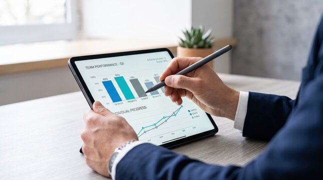 Business manager reviewing team performance metrics and individual progress charts on digital tablet using stylus, analyzing bar graphs and line trends to evaluate employee