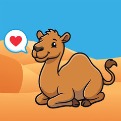 Obraz premium Cute Camel in Desert: A charming cartoon camel with a speech bubble containing a red heart rests on sand dunes under a blue sky, showcasing a delightful desert scene.