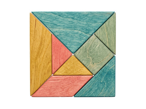 Tangram puzzle wooden blocks square assembled on black background. Geometric colorful wooden shapes representing solution, problem solving, logic, intelligence, mental exercise, and creativity concept
