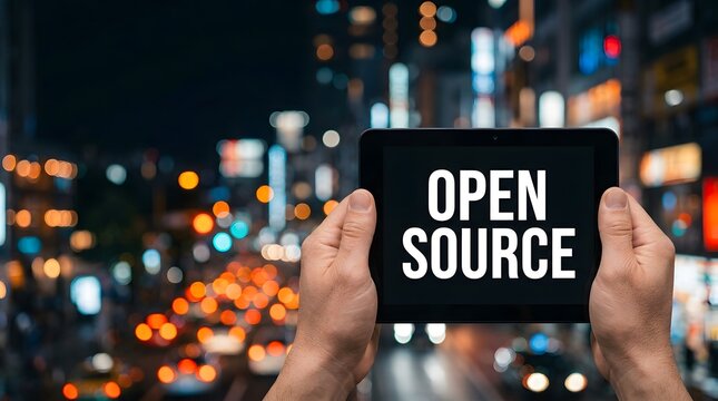 Hands holding tablet with open source text on screen against city night bokeh background