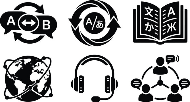 Language translation icons set, black flat vector symbols for global communication, 6 professional linguistics and interpreter signs