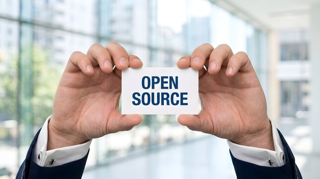 Businessman holding card with open source text