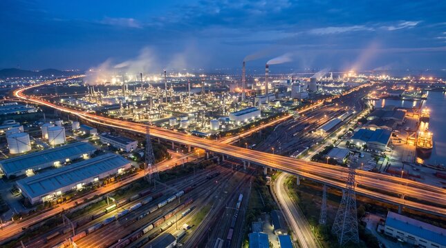 Aerial view of a large industrial oil refinery and chemical plant with a highway and railway tracks at night