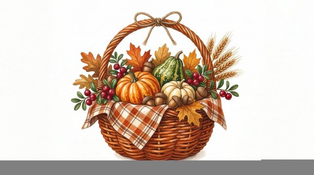 Autumn harvest basket with pumpkins, gourds, acorns, berries, and wheat isolated on white background