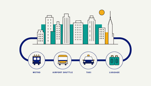 city travel transportation icons, metro, airport shuttle, taxi, luggage