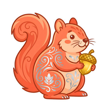 Cute Squirrel Character with Golden Acorn and Silver Floral Patterns