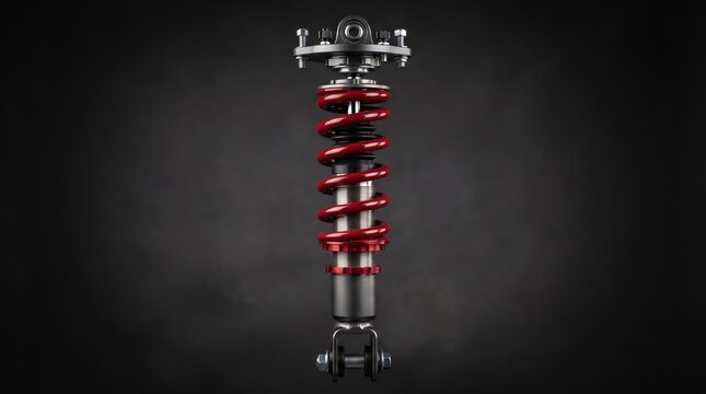 Close-up of adjustable coilover suspension strut with red springs on black car chassis part