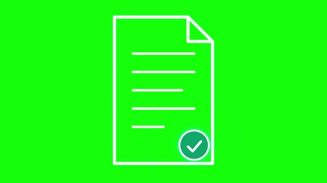 Document approval animation with green checkmark icon on chroma key green screen background