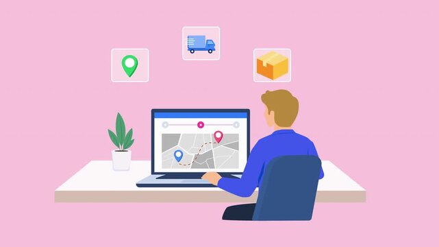 Animated location tracking scene showing a person using a computer map dashboard with location, package, and vehicle icons, representing logistics, navigation, delivery, and geolocation.