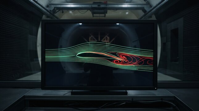 High-tech wind tunnel simulation display with 3D airflow dynamics and aerodynamic testing data