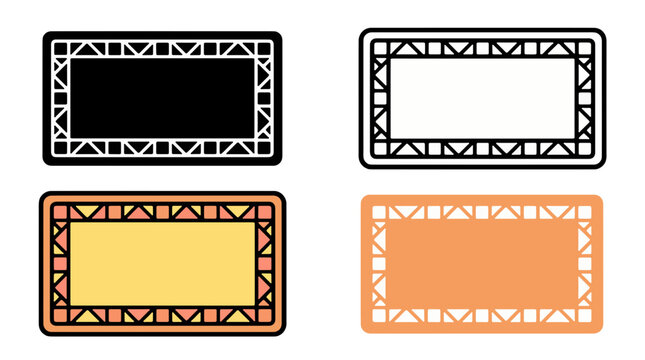 Four decorative rectangular frames with abstract geometric patterns. The frames are in black, white, yellow, and orange.