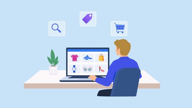 Animated ecommerce scene showing a person using an online shopping dashboard with product, search, and cart icons, representing digital commerce, retail, and online shopping.