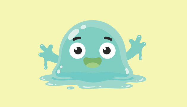 Cheerful blue slime monster character with big eyes waving happily on a soft pastel yellow background.