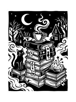 Steaming potion cup on stack of magic spell books with black cat line art vector illustration