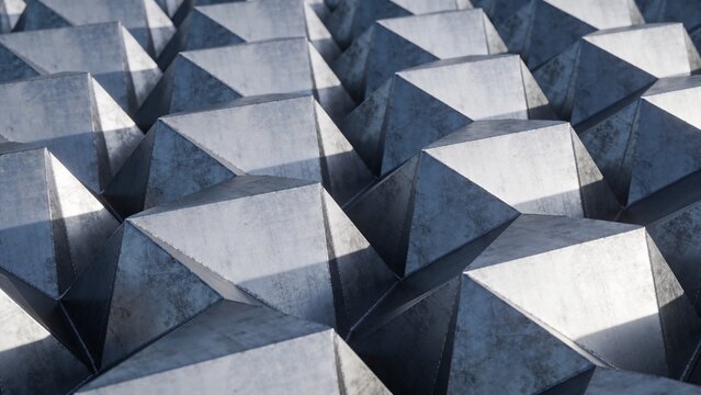 Abstract geometric pattern of interlocking metal polygon blocks with industrial texture