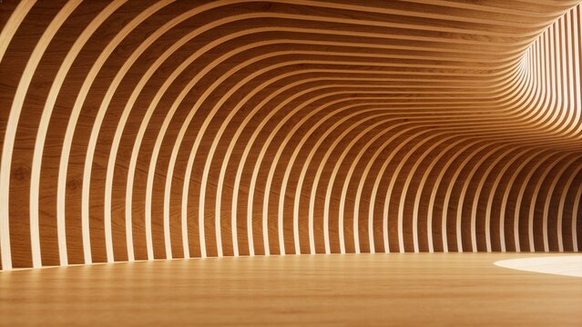 Modern parametric wooden interior design with flowing lines and dramatic light.