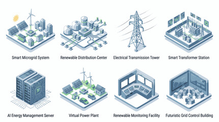 Fototapeta premium Collection of isometric illustrations depicting smart grid systems and renewable energy infrastructure.