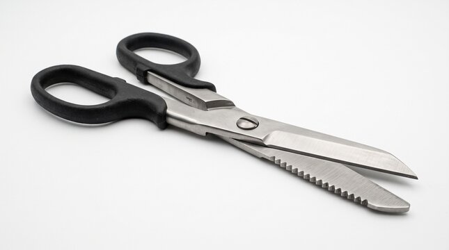 Professional stainless steel kitchen scissors with black handles.