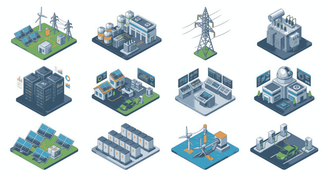 Set of isometric icons representing different types of energy production and infrastructure.
