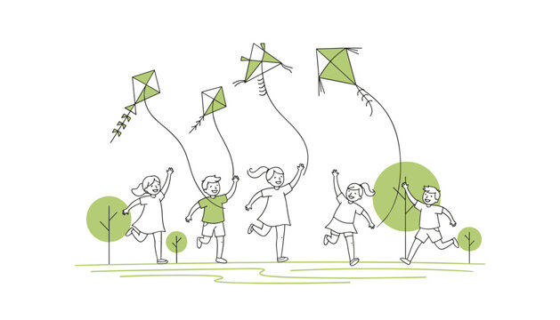 Line illustration of five children running and flying green kites in a grassy field with trees in the background.