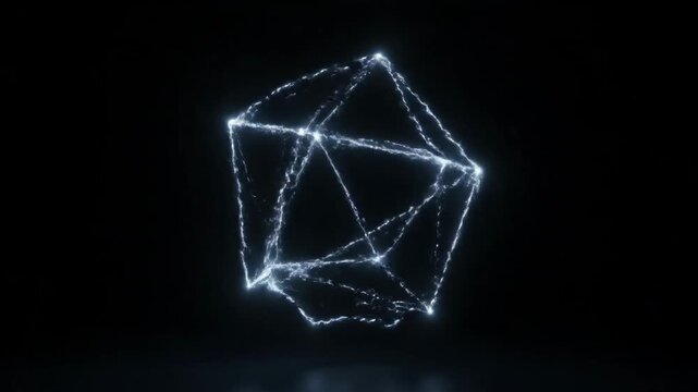 Futuristic Glowing Energy Icosahedron Wireframe Rotating on Black Background