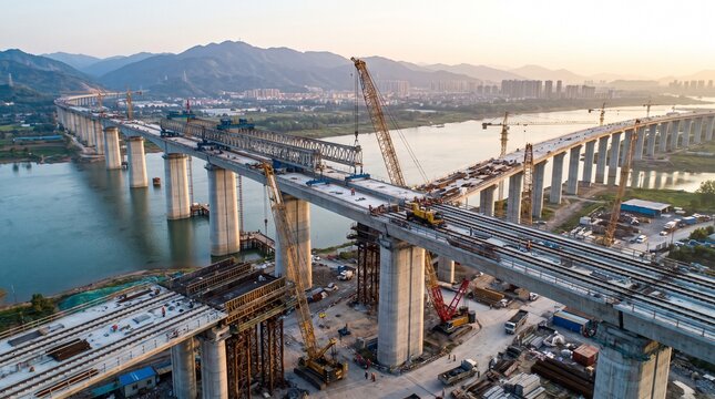 Aerial view of a large railway bridge construction site over a river with cranes and workers during a sunset