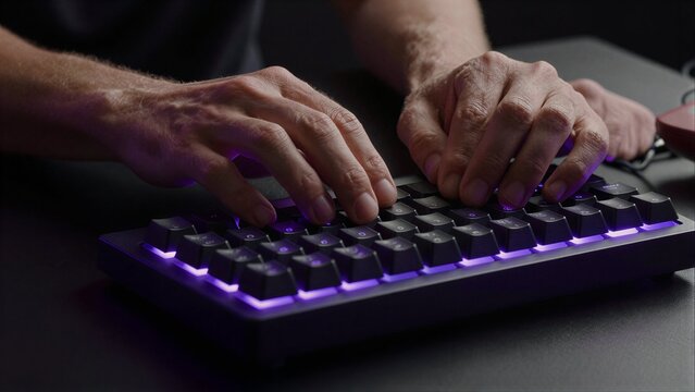 Hands type on glowing purple keyboard under dim lighting.