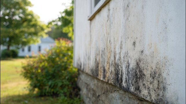 Black mold mildew wall damage moisture damp plaster exterior building decay fungus humidity deterioration on weathered house wall with dark organic spots and moisture streaks showing structural damage