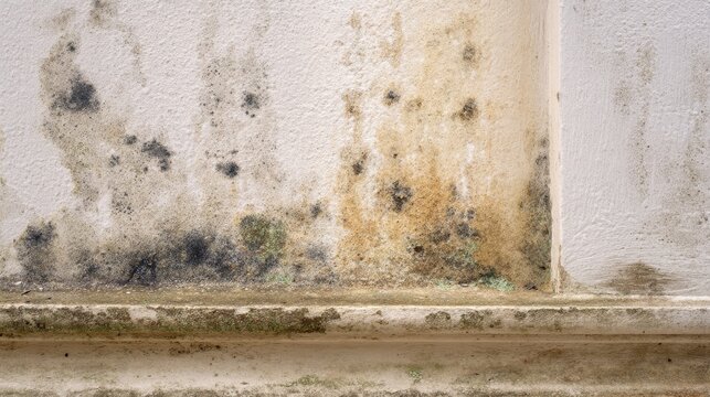 Black mold mildew wall damage moisture damp plaster exterior building decay fungus humidity deterioration on weathered house wall with dark organic spots and moisture streaks showing structural damage