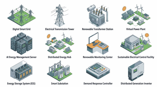 Collection of isometric icons representing smart grid technology and renewable energy systems.