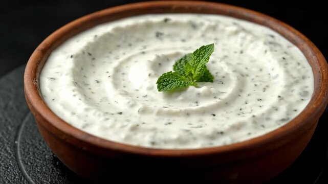 Traditional creamy yogurt dip (Tzatziki or Raita) garnished with fresh mint leaves, served in a rustic earthenware bowl. Delicious Mediterranean and Indian cuisine appetizer on a dark background.