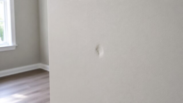 Small visible dent and surface damage in freshly painted drywall of newly constructed residential interior, realistic pre-handover punch-list defect