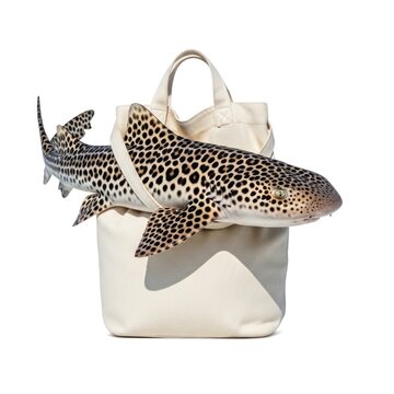 Leopard Shark Plush Toy Emerging from a Canvas Tote Bag.