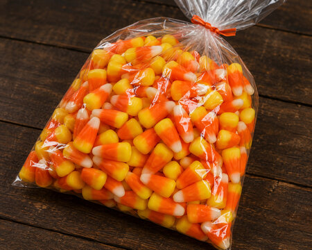 A bag of candy corn on a table