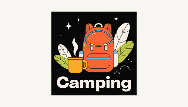 camping backpack and coffee cup icon