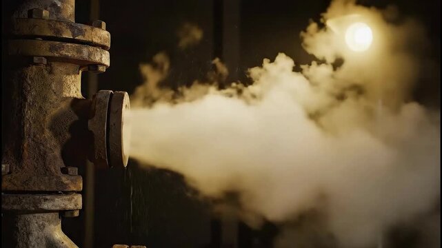Industrial steam leak from a rusty pipe flange in a dark factory environment.