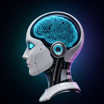 AI generated futuristic robot profile glowing circuit brain mechanical details representing artificial intelligence robotics computing advanced digital technology