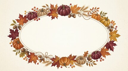 Fototapeta premium Autumn harvest oval frame with pumpkins, maple leaves, acorns, and wheat stalks on a cream background
