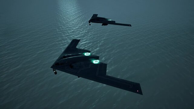 B-2 stealth bomber aircraft flying at high speed over the ocean water, strategic air force concept, 3D animation