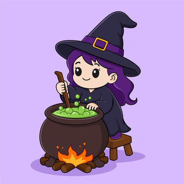 Cute Witch Stirring Potion in Cauldron Cartoon Illustration