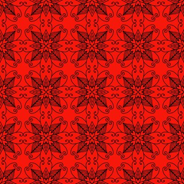 seamless colorful snowflakes flower floral ornaments pattern red background swirl